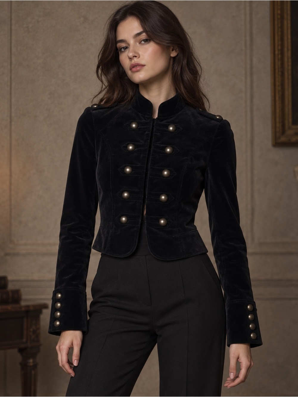 Divided Black Velvet Military-Style Blazer